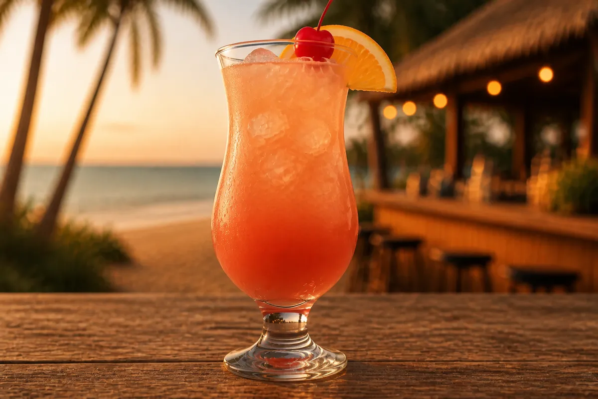 A Sex on the Beach in a hurricane glass with orange wedge and cherry.