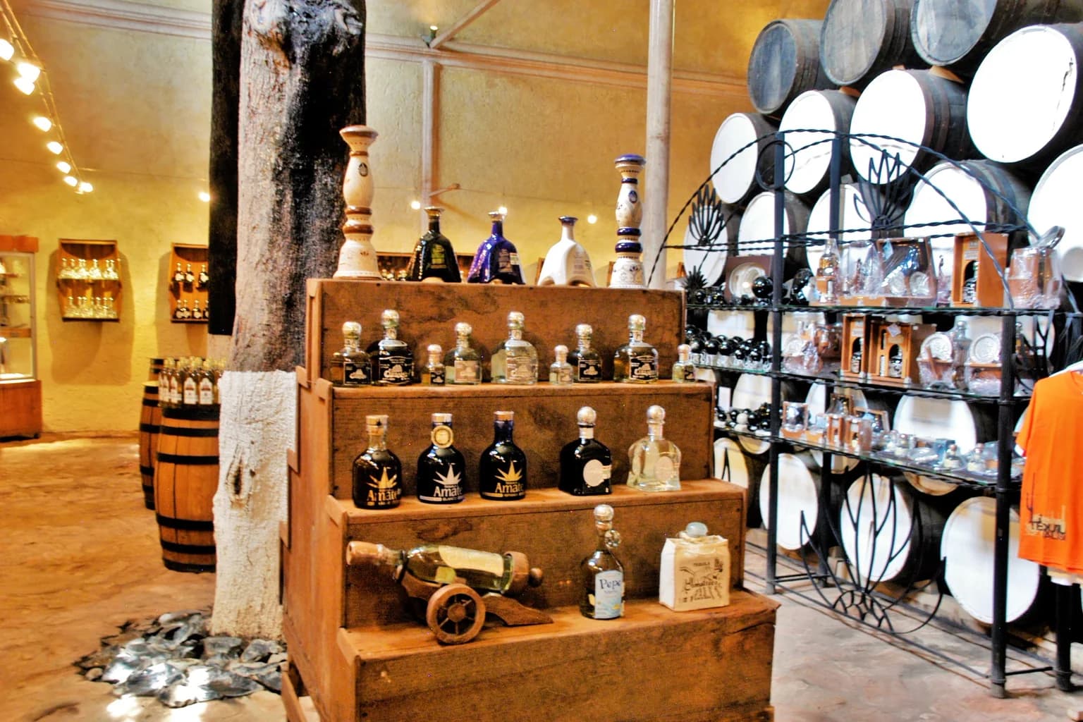Finished tequila bottles standing in front of oak barrels in a distillery warehouse