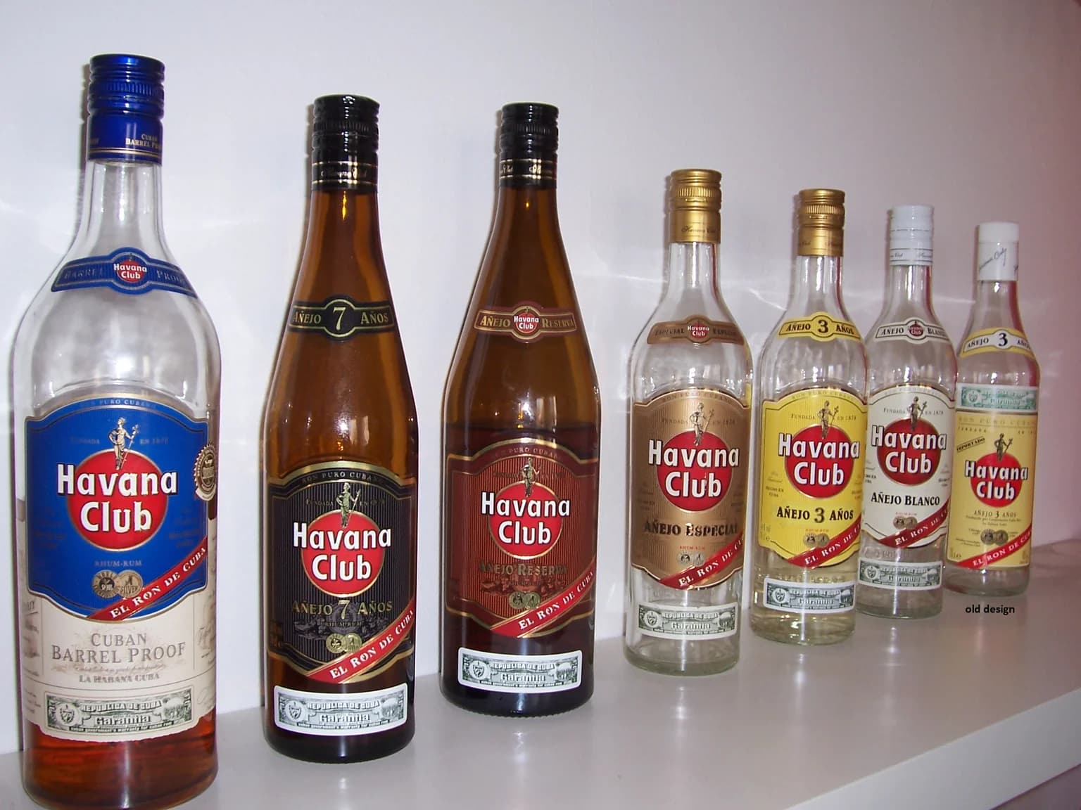 Rum bottles on a shelf from dark amber to filtered clear — color is not an age grade