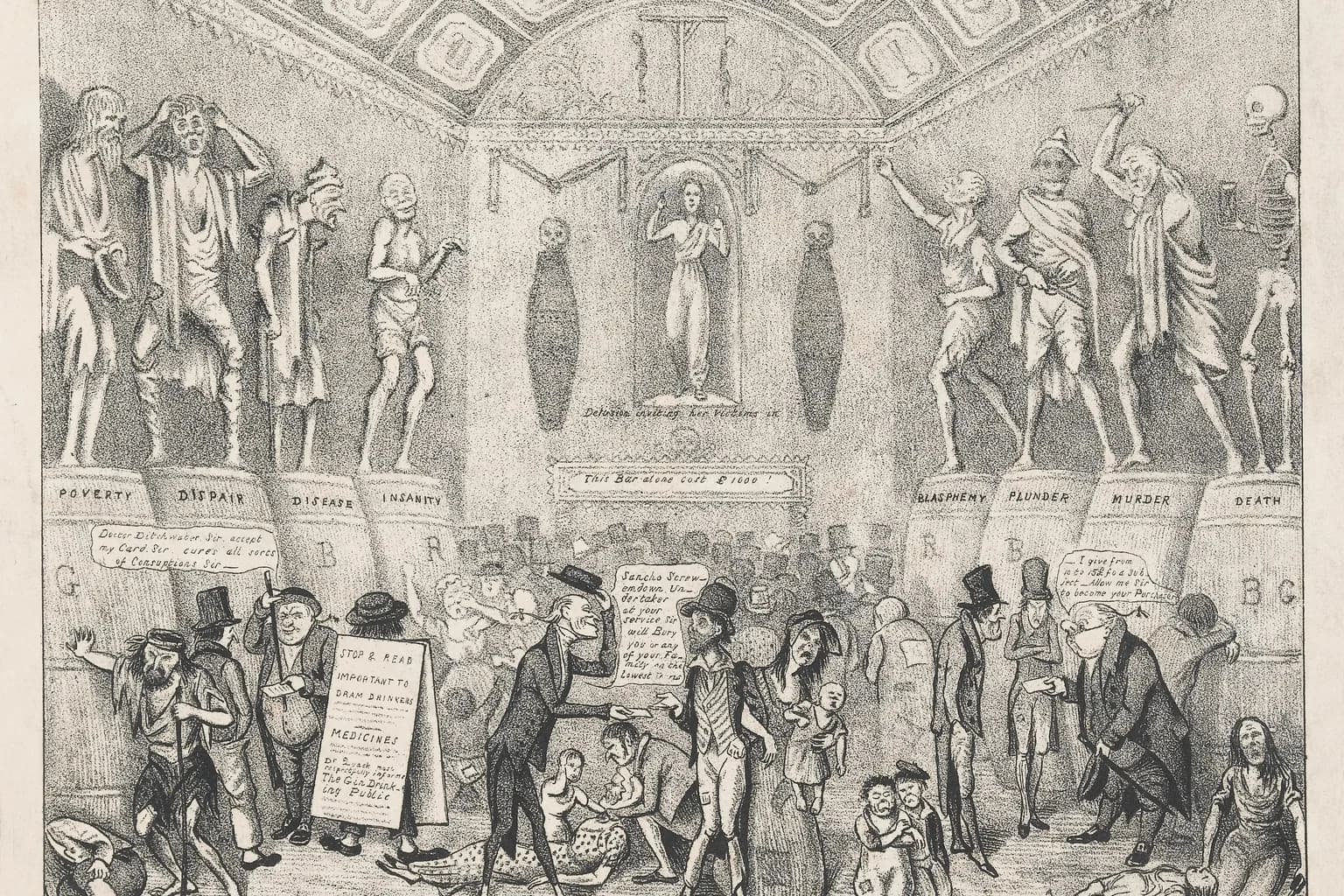 Nineteenth-century lithograph of a London gin palace as a “temple of Juniper,” by C. J. Grant