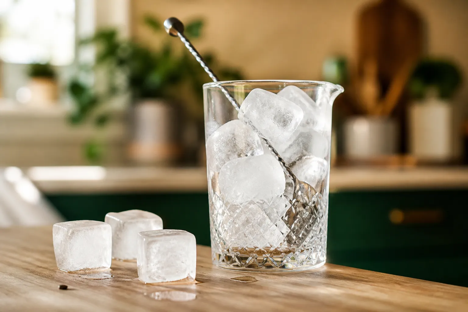 Mixing glass packed with hard ice cubes and a barspoon on a kitchen counter