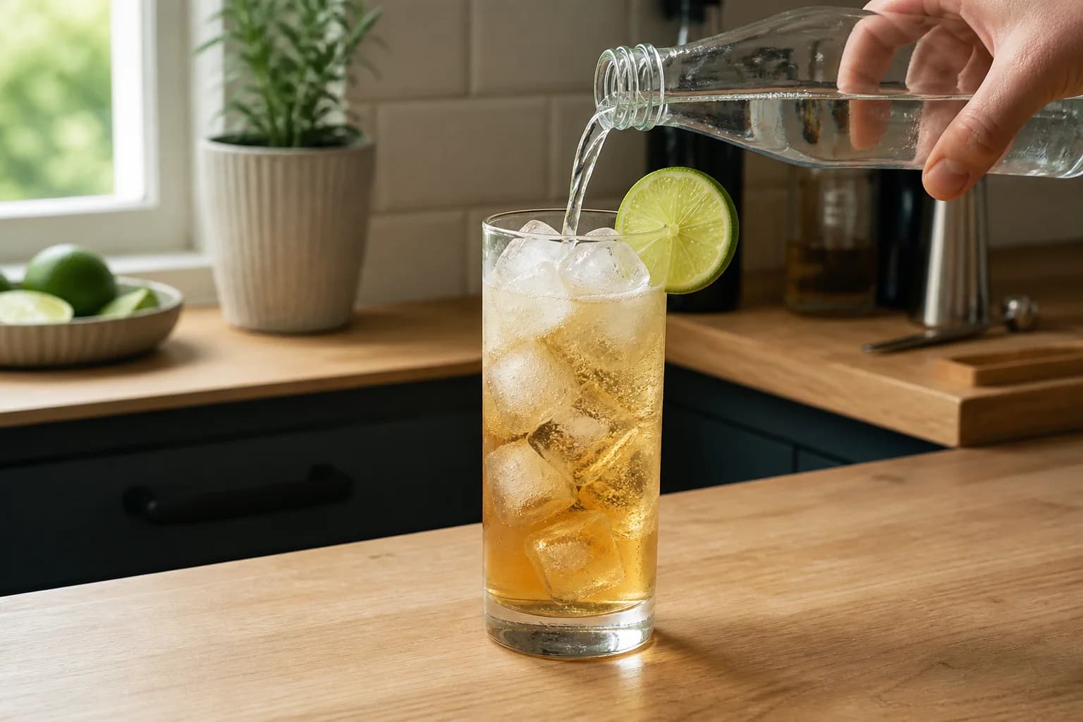 Soda poured into a tall highball glass packed with ice