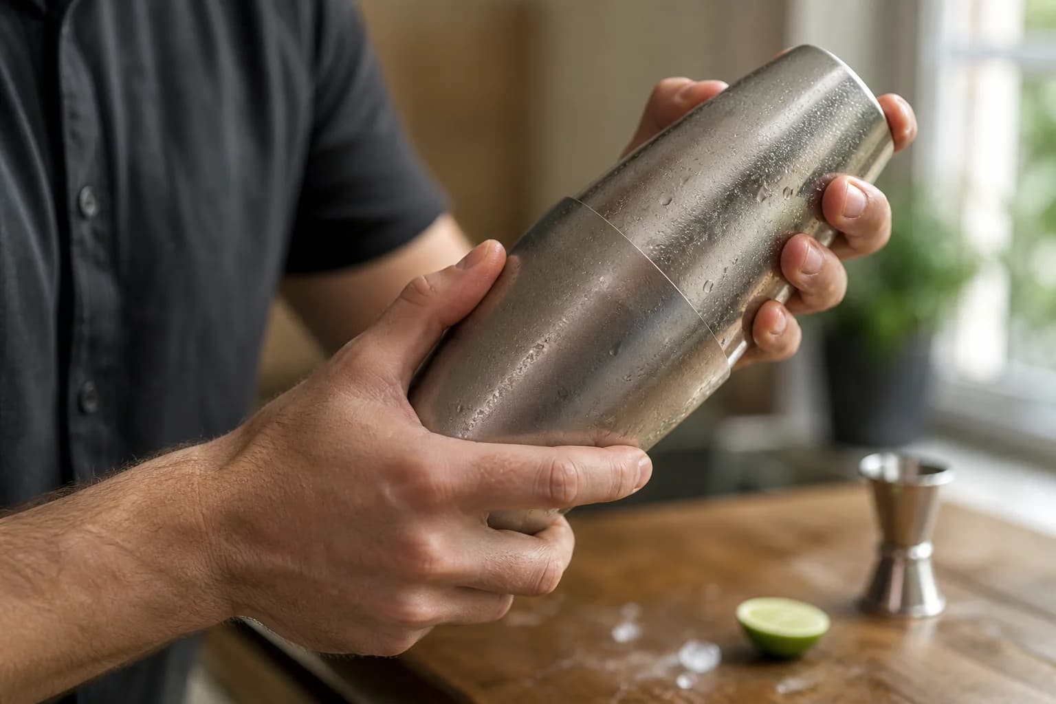 Hands shaking a condensed cocktail tin at home