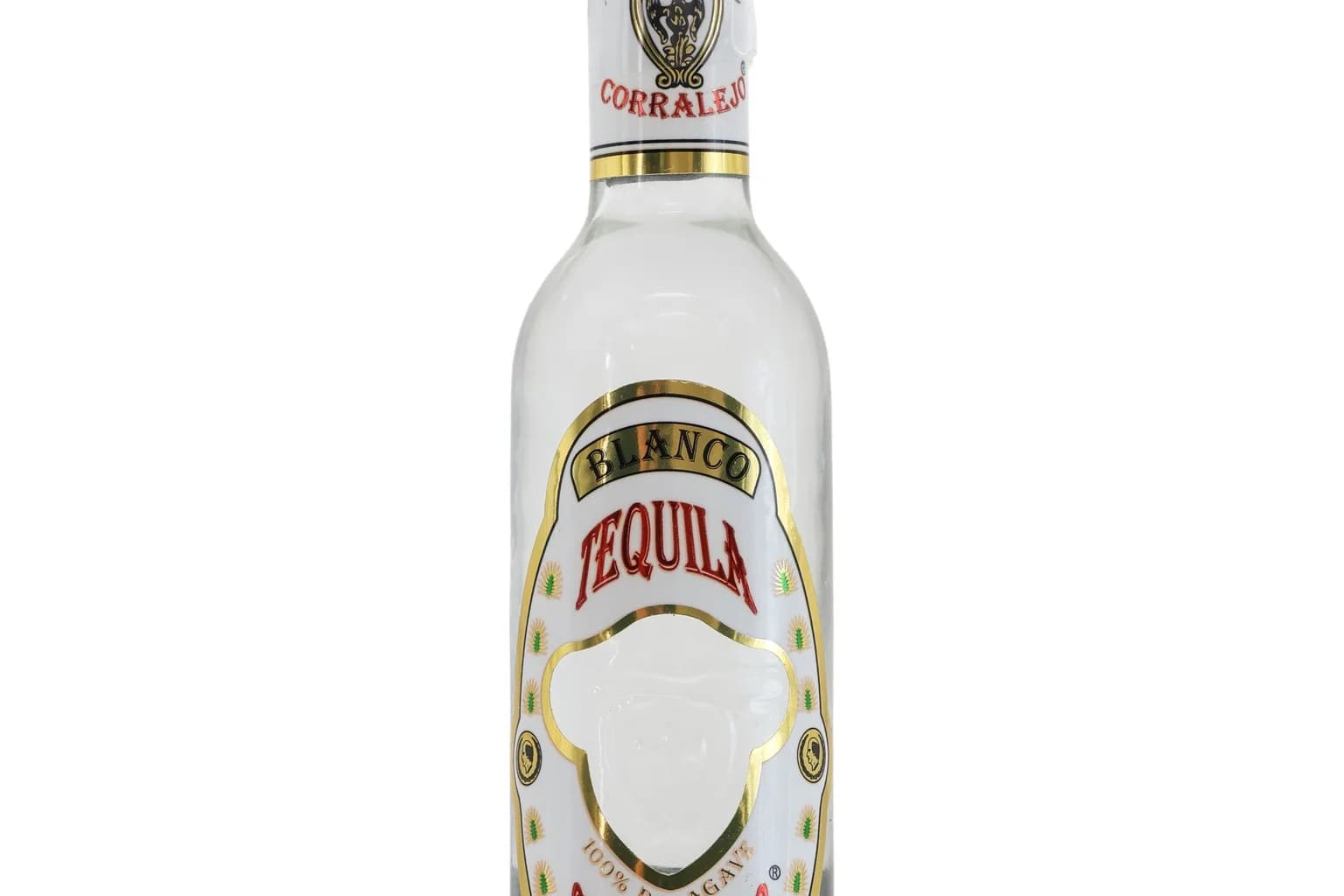 Corralejo tequila blanco bottle label showing 100% de agave and blanco category text