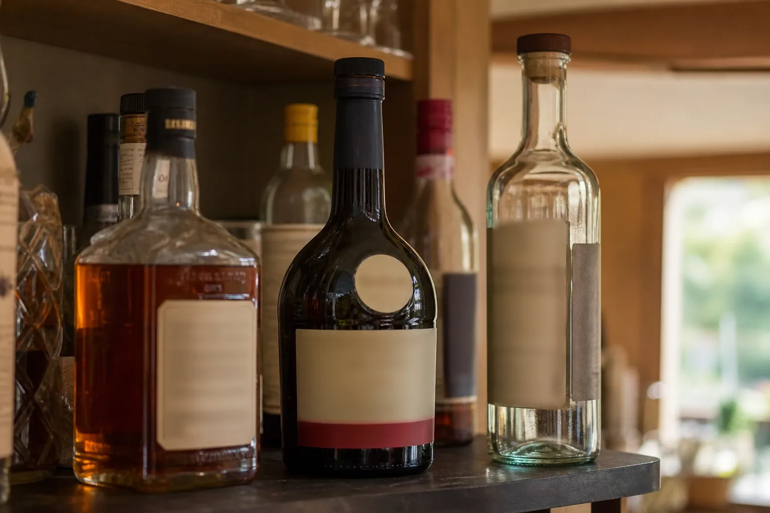 Home bar shelf with several spirit bottles at soft angles