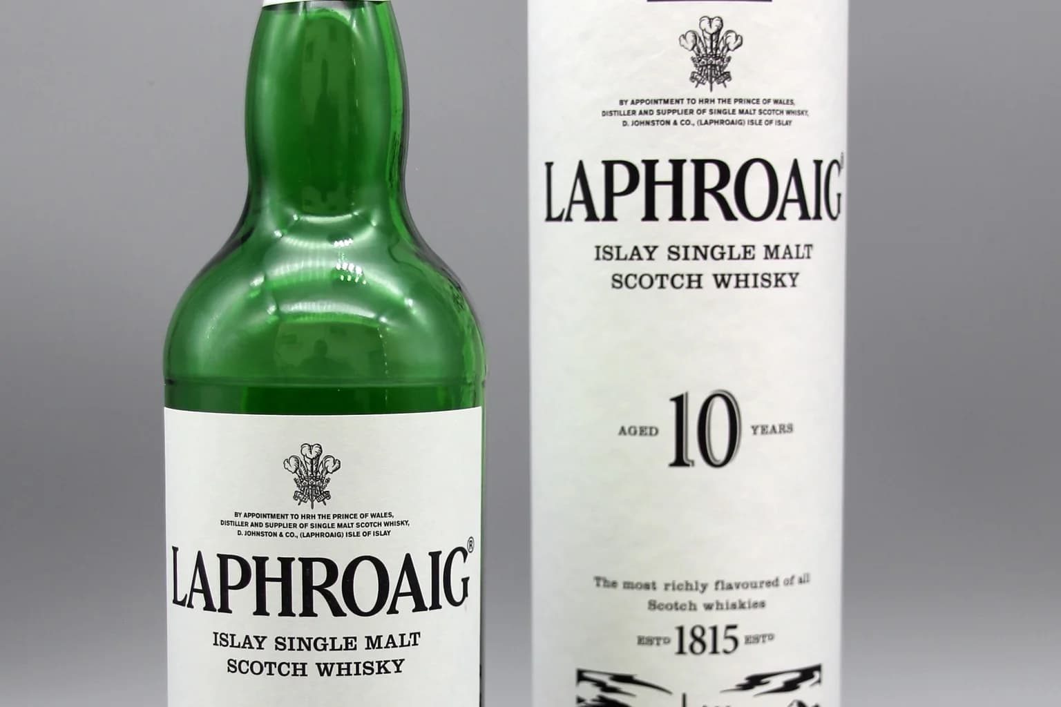 Laphroaig 10 year old bottle and tube showing Islay single malt Scotch whisky and age statement