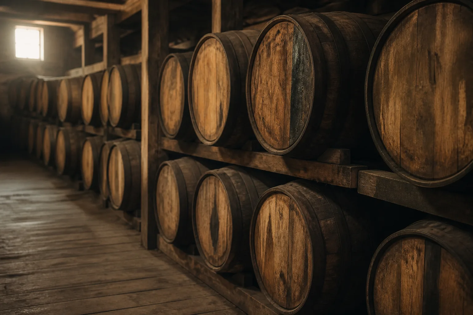 Charred oak whiskey barrels stacked in a quiet aging warehouse