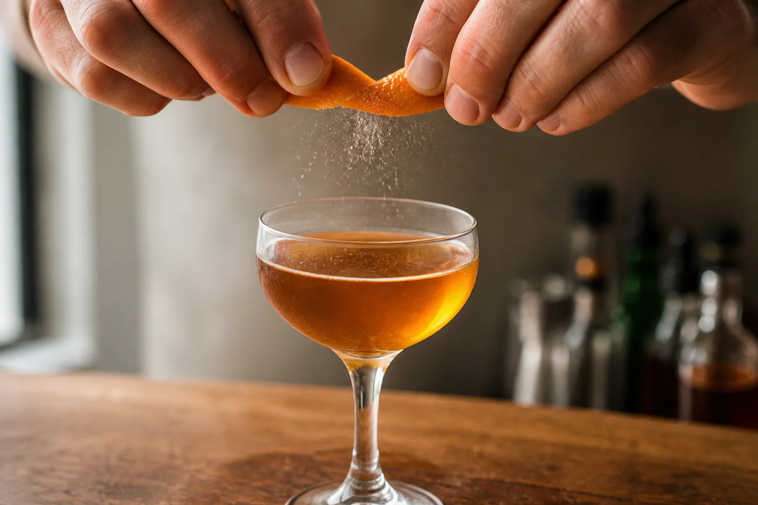 Expressing citrus oils over a cocktail