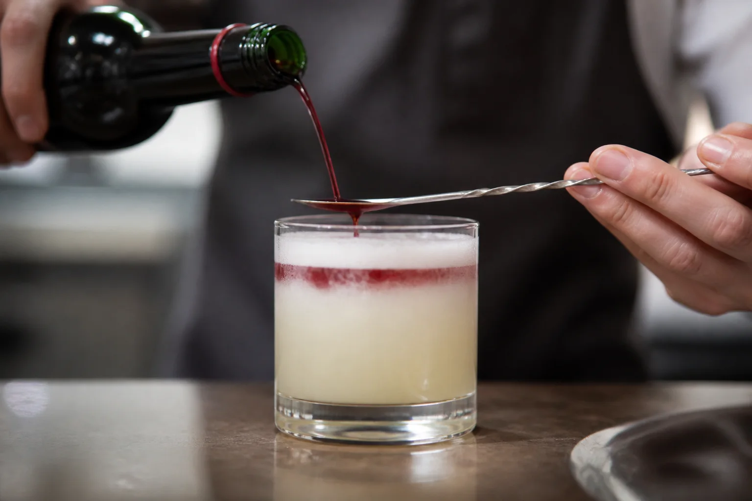 Floating wine over a sour with a barspoon
