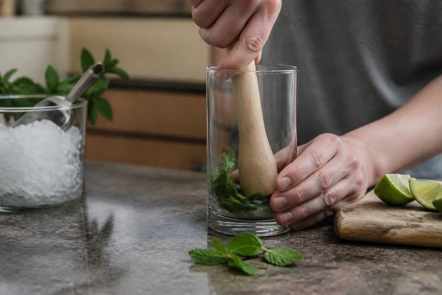 Wooden muddler pressing mint in a glass