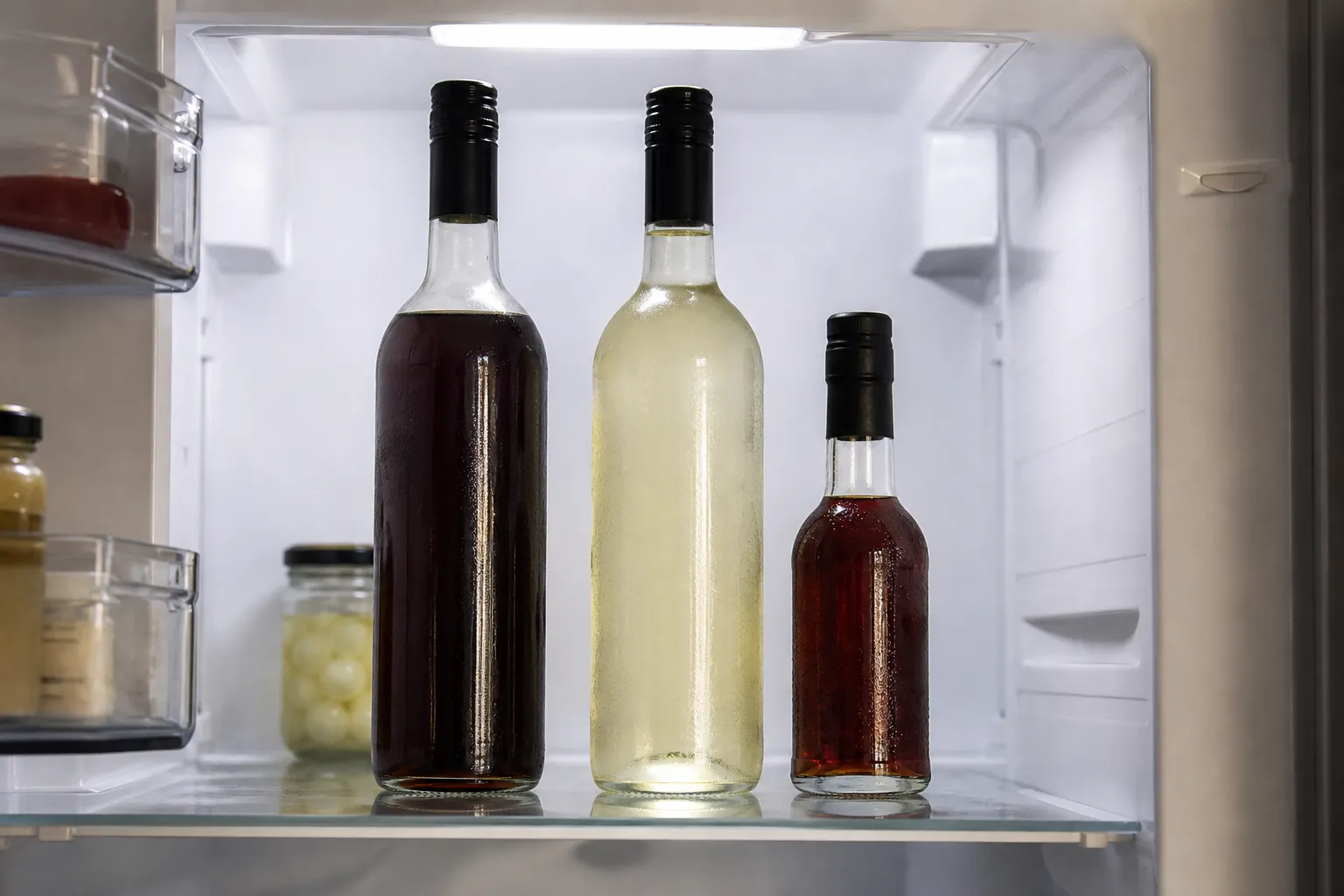 Vermouth and modifier bottles stored cold on a refrigerator shelf