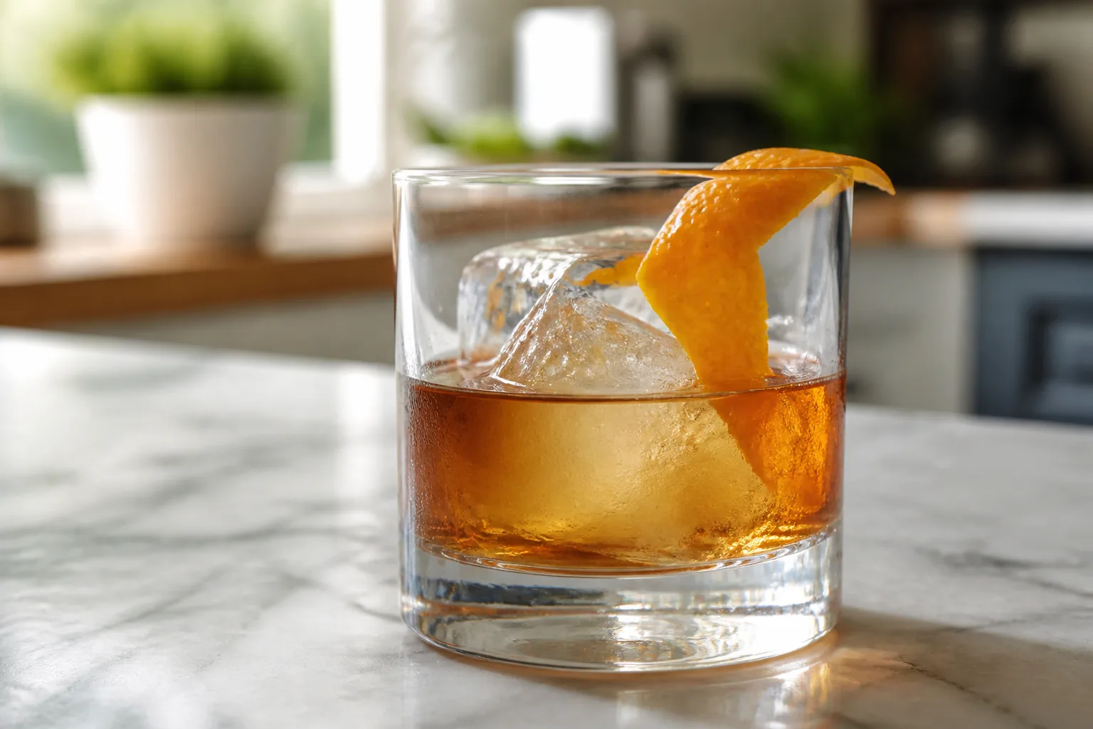 An Old Fashioned in a rocks glass with a large ice cube and orange peel