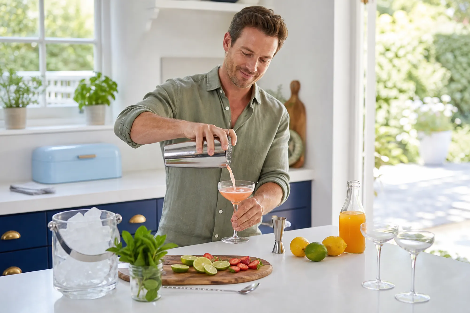 Pouring a cocktail at a bright home kitchen counter