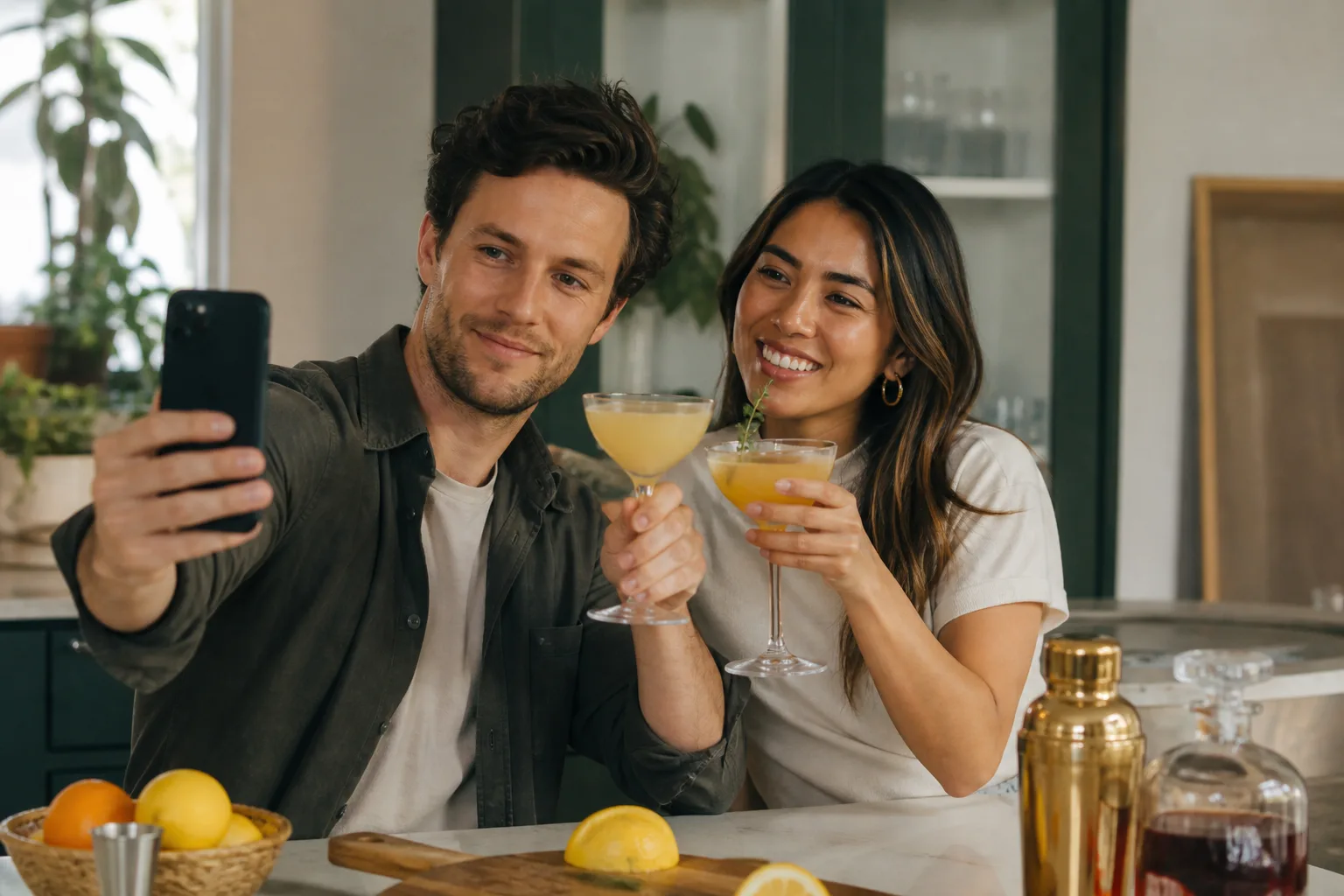 Friends toasting with cocktails at a home kitchen counter