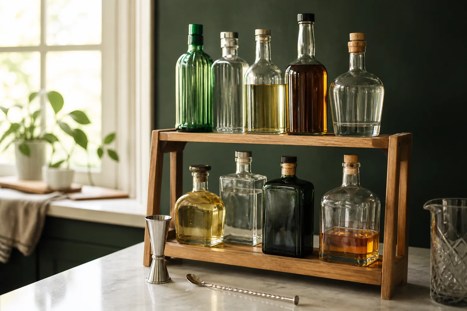 Spirit bottles and bar tools on a home kitchen shelf