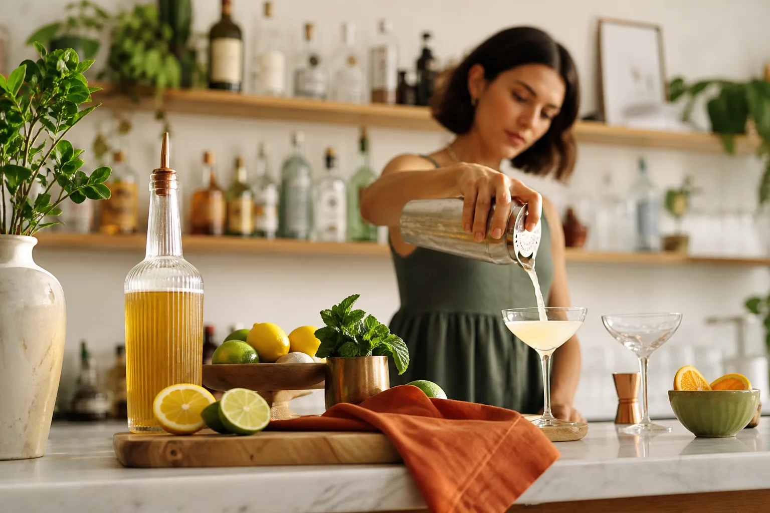 A bright home kitchen bar with bottles, citrus, and a cocktail being poured