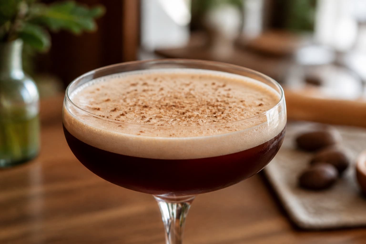 Porto Flip served in a chilled coupe, deep red-brown with foam, dusted with nutmeg.
