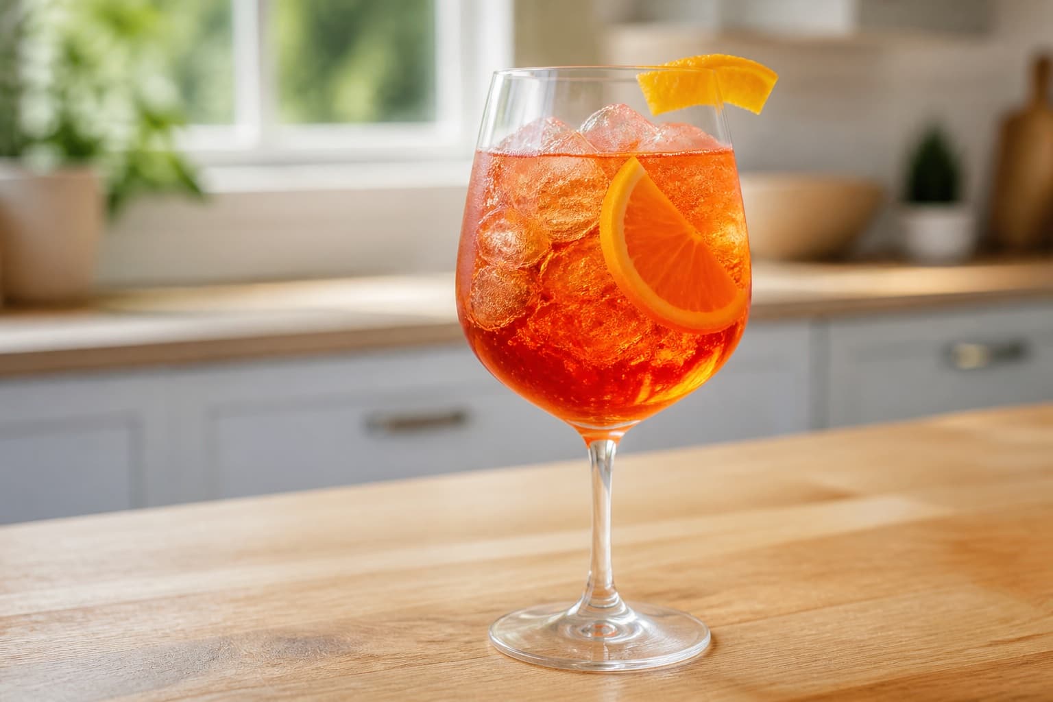 A wine glass Aperol Spritz with ice and a bright orange slice.