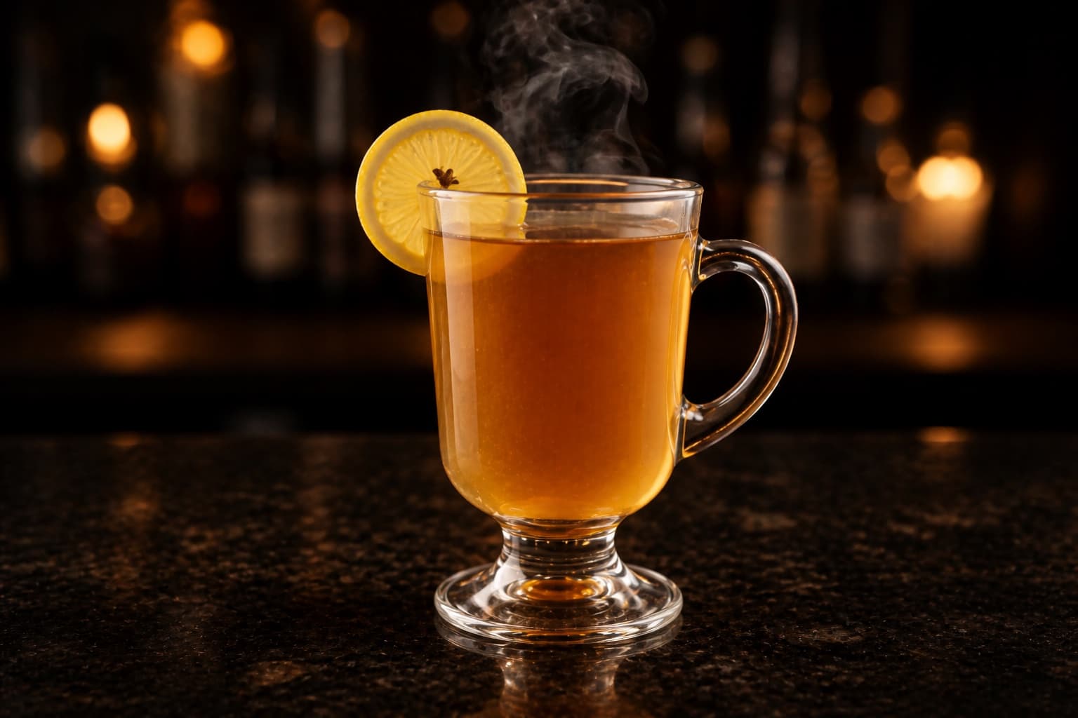 Hot Toddy served in a warmed mug, amber in color, garnished with a lemon wheel.