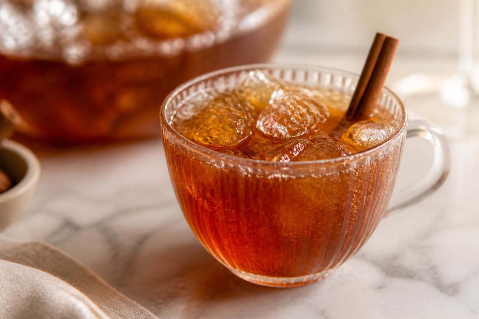 Thanksgiving Punch in a punch cup over ice, deep amber-red, orange peel.