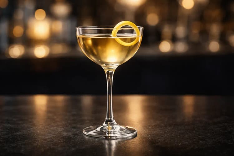 An Alaska in a Nick & Nora glass with a lemon twist.