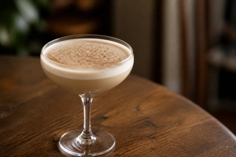 Alexander in a coupe, opaque pale cocoa cream, light nutmeg dust.