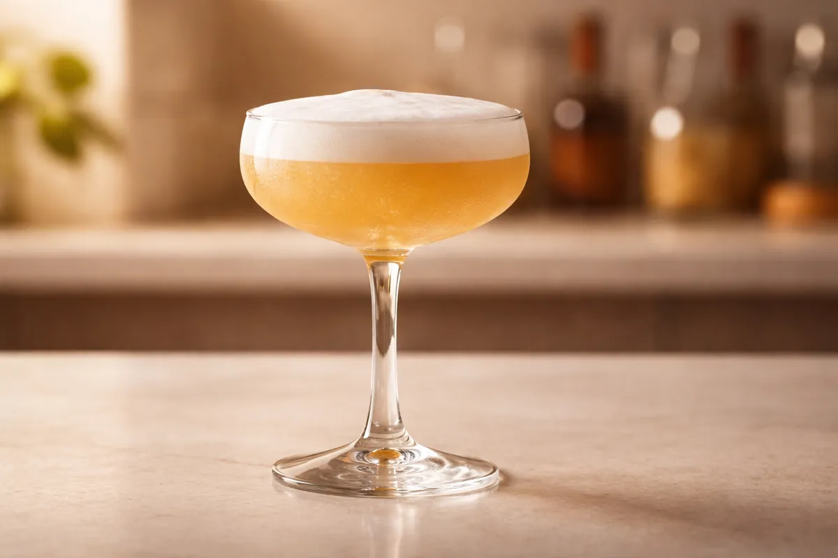 A coupe of Amaretto Sour with a frothy top and a lemon twist.
