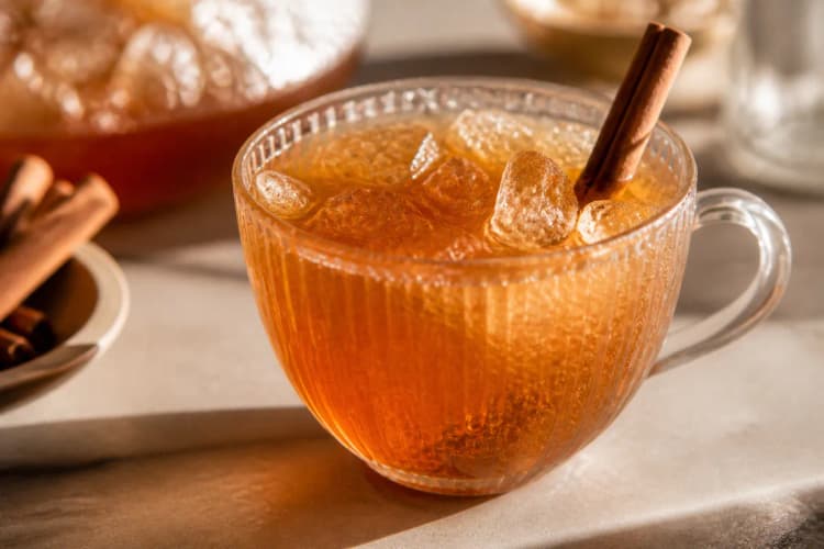 Apple Cider Punch in a punch cup over ice, golden amber, cinnamon stick.