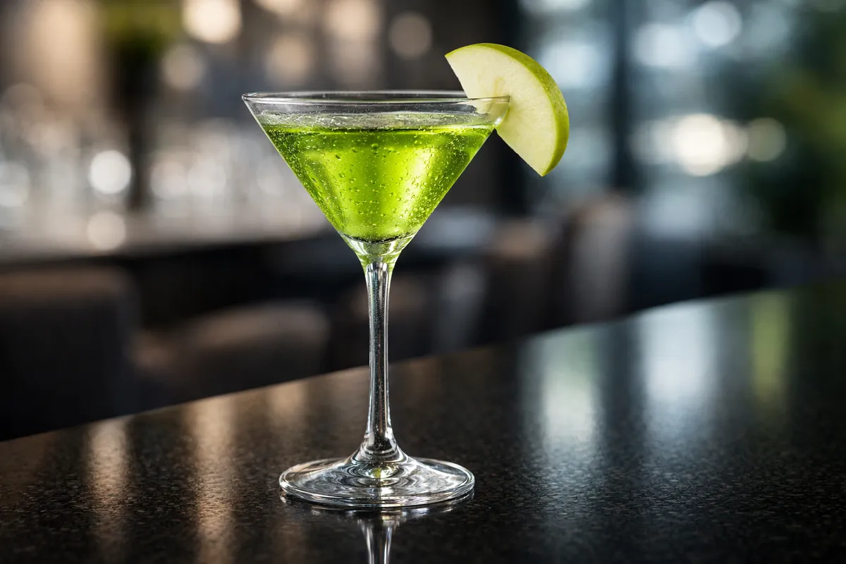 A bright green Appletini in a chilled cocktail glass with apple slice.