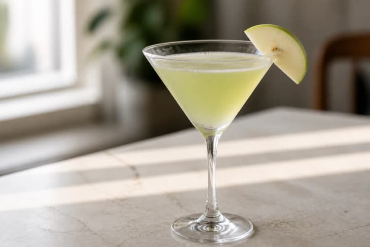 A bright green Appletini in a chilled cocktail glass with apple slice.