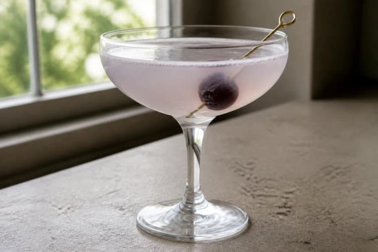 A coupe of Aviation with a faint lavender tint and a brandied cherry.