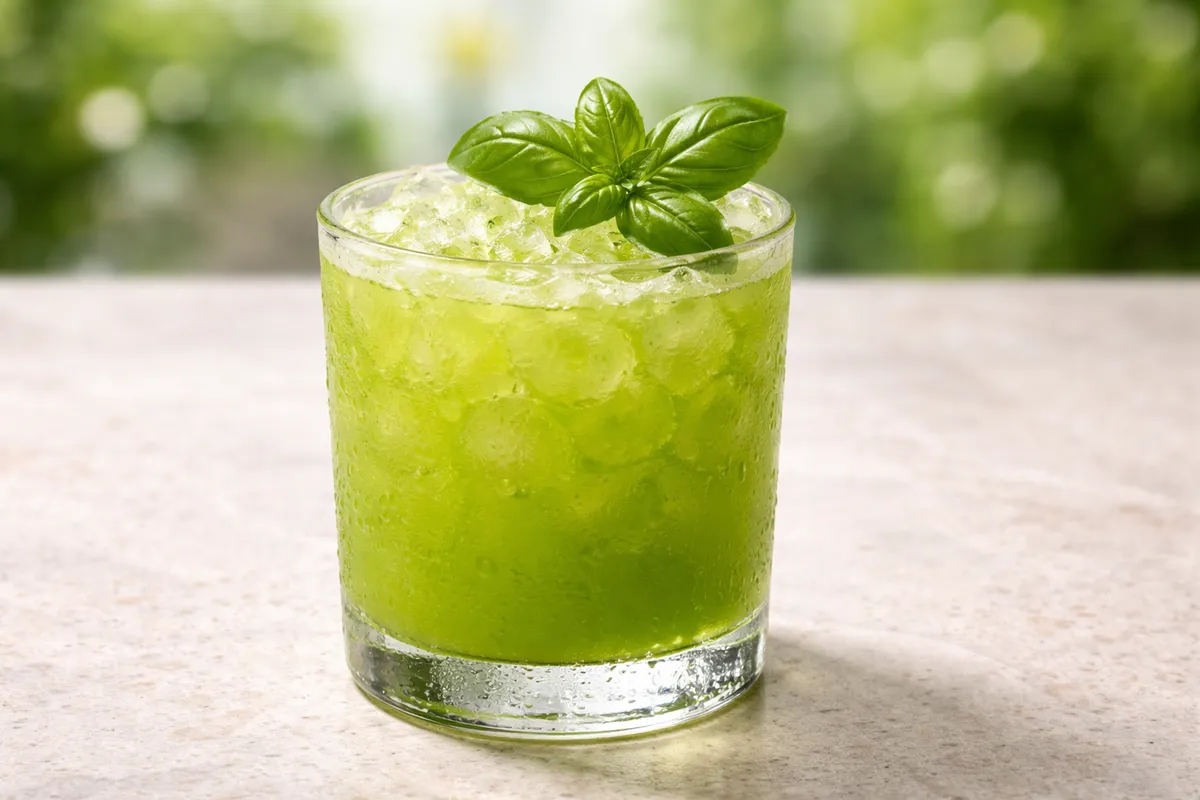 A Basil Smash in a rocks glass with fresh basil garnish.
