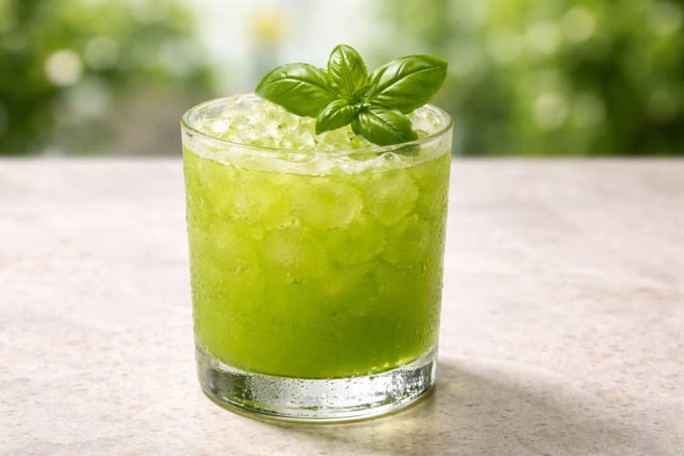 A Basil Smash in a rocks glass with fresh basil garnish.