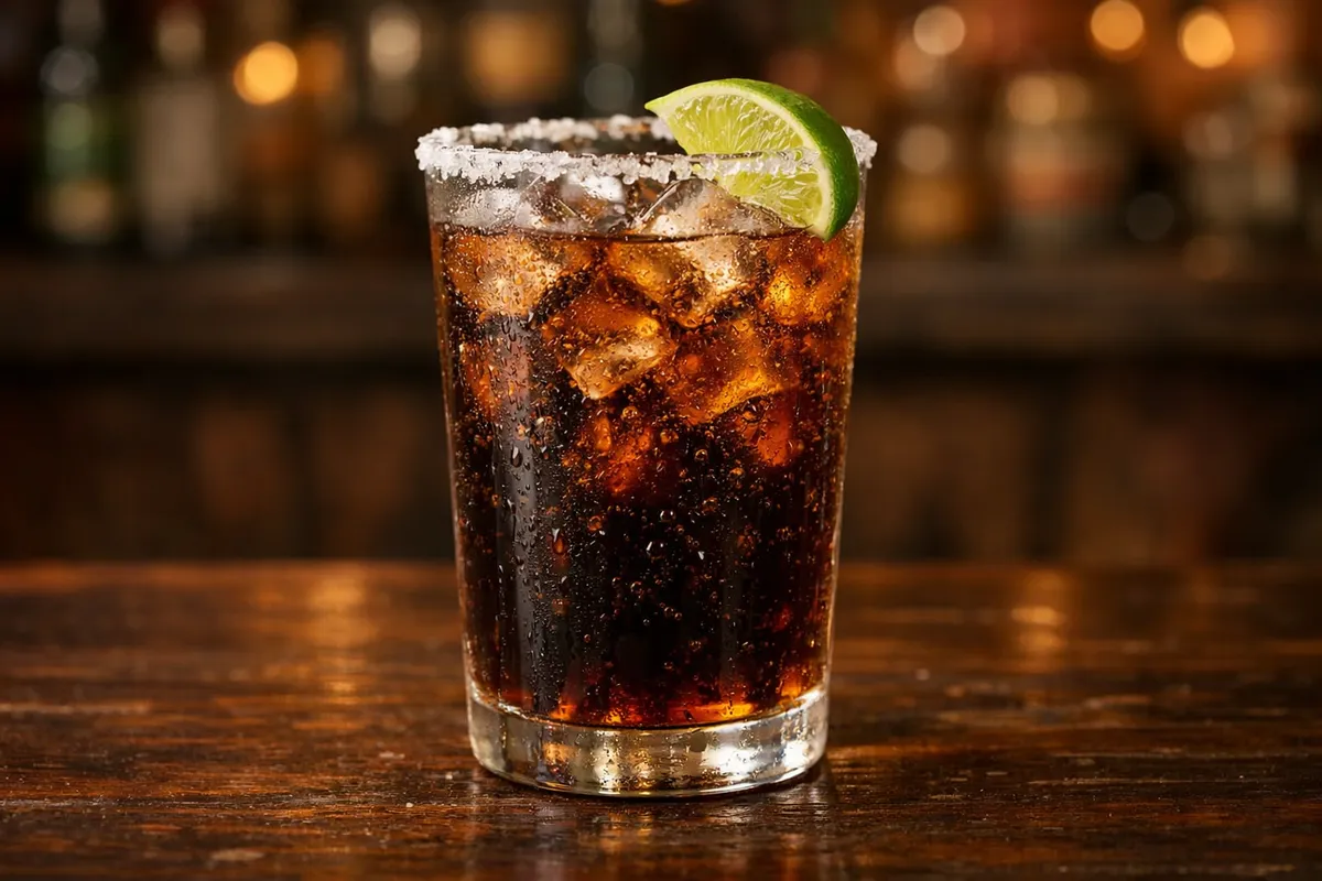 A Batanga in a salt-rimmed highball glass with a lime wedge.