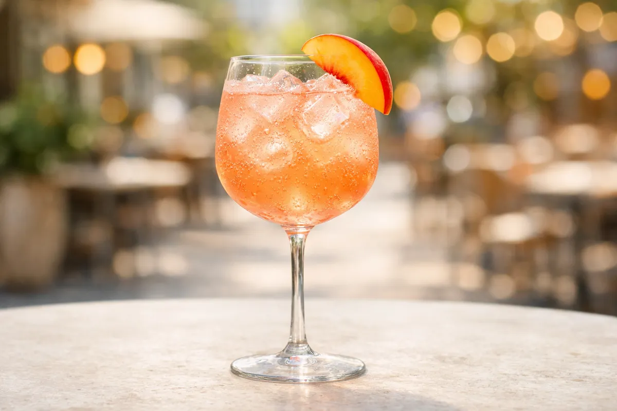 A Bellini Spritz in a wine glass with ice and a peach slice.