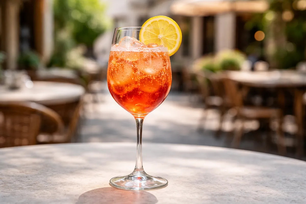 A Bicicletta in a wine glass with ice and a lemon wheel.