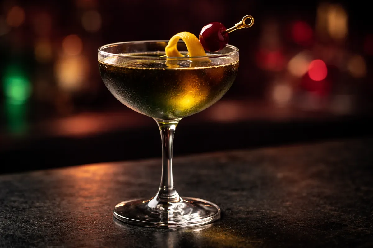 A Bijou in a coupe with a lemon twist and cherry.