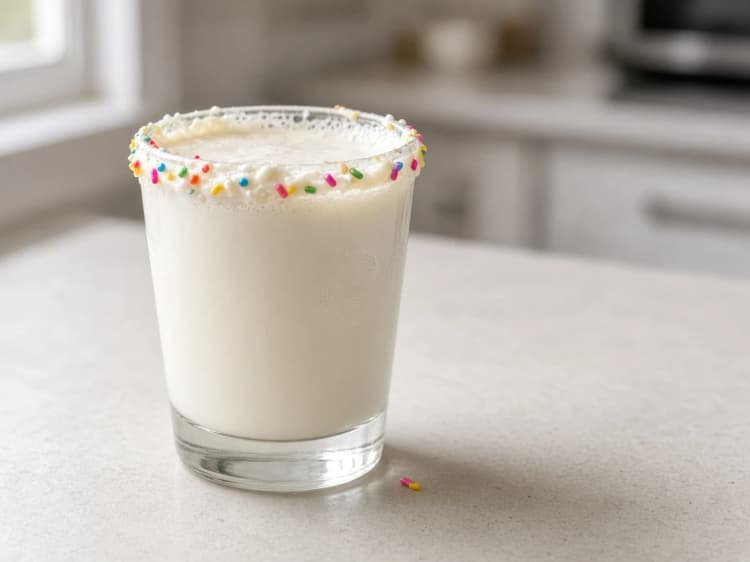 Birthday Cake Shot in a shot glass, pale cream, vanilla frosting rim rolled in rainbow sprinkles.