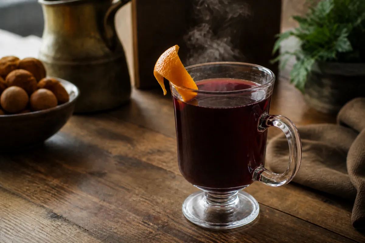Bishop in a mug or wine glass, deep ruby, orange peel.
