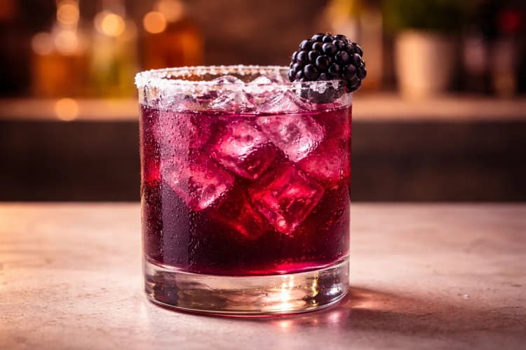 A Blackberry Margarita in a rocks glass with fresh blackberry garnish.