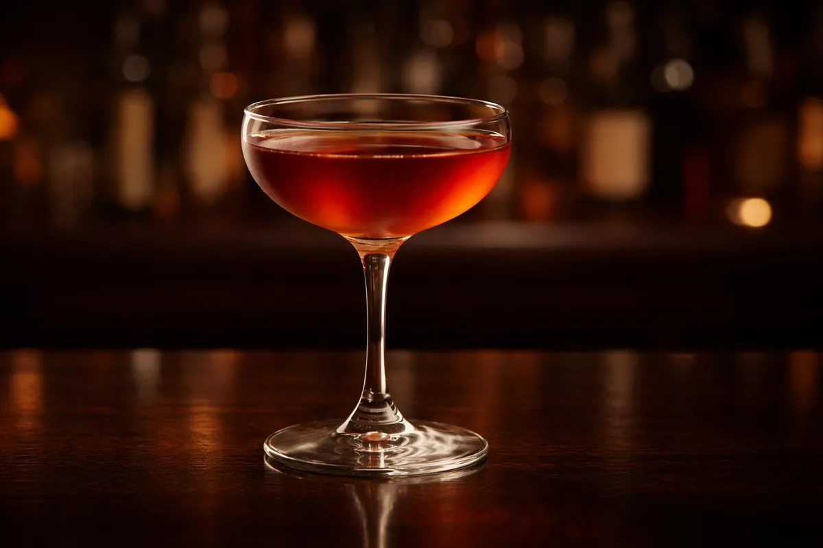 A coupe of Blood and Sand with a red-orange hue, light froth, and a single dark cherry garnish.