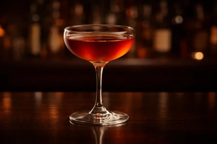 A coupe of Blood and Sand with a red-orange hue, light froth, and a single dark cherry garnish.
