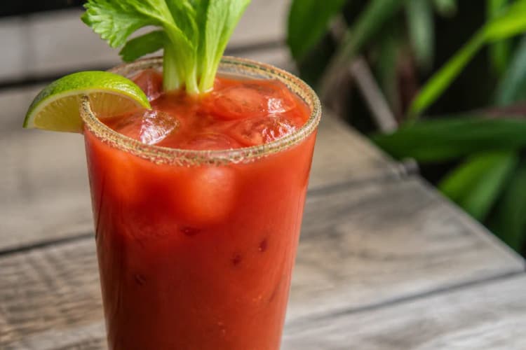 A Bloody Caesar in a highball glass with a celery salt rim and celery stalk.