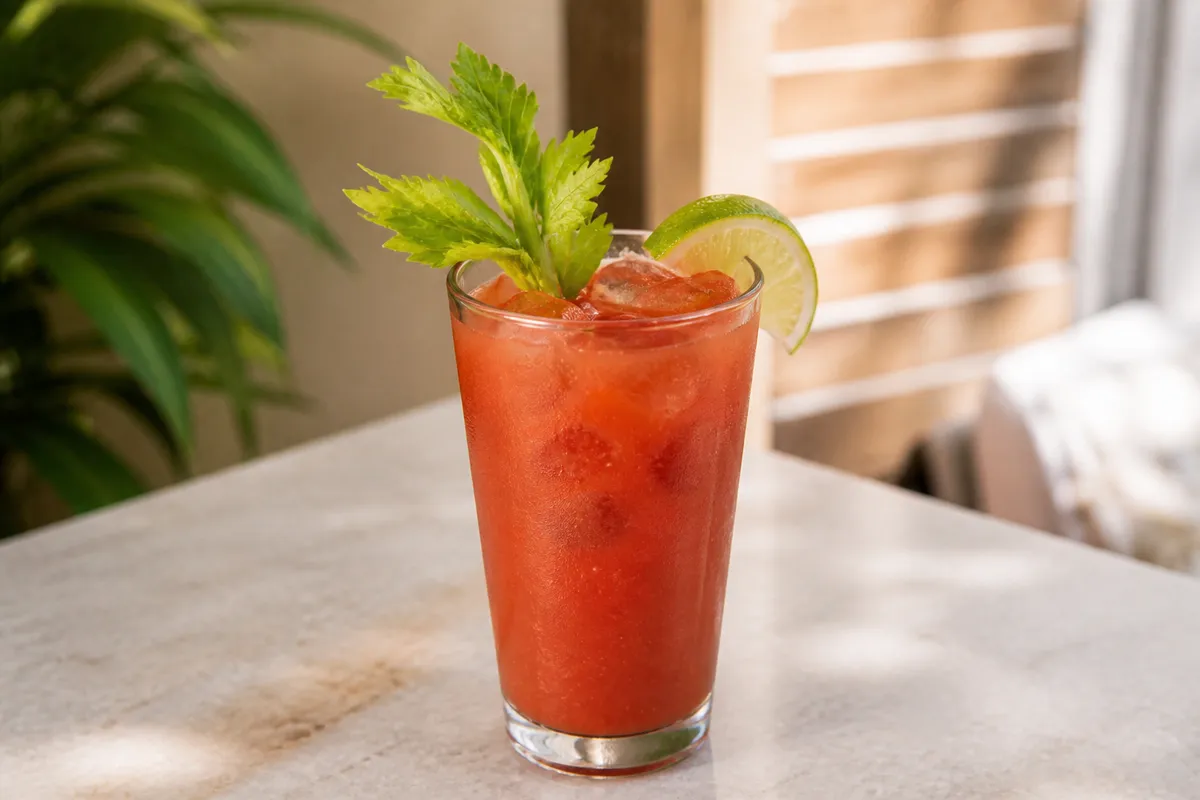 Bloody Maria served in a highball glass over ice, opaque red, garnished with celery and lime.