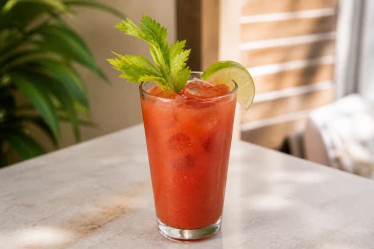 Bloody Maria served in a highball glass over ice, opaque red, garnished with celery and lime.
