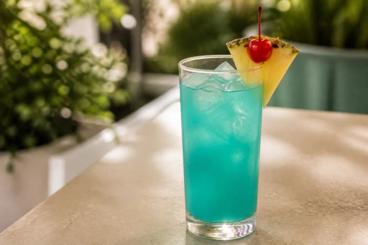 Blue Hawaiian served in a highball glass over ice, bright turquoise, garnished with pineapple and cherry.
