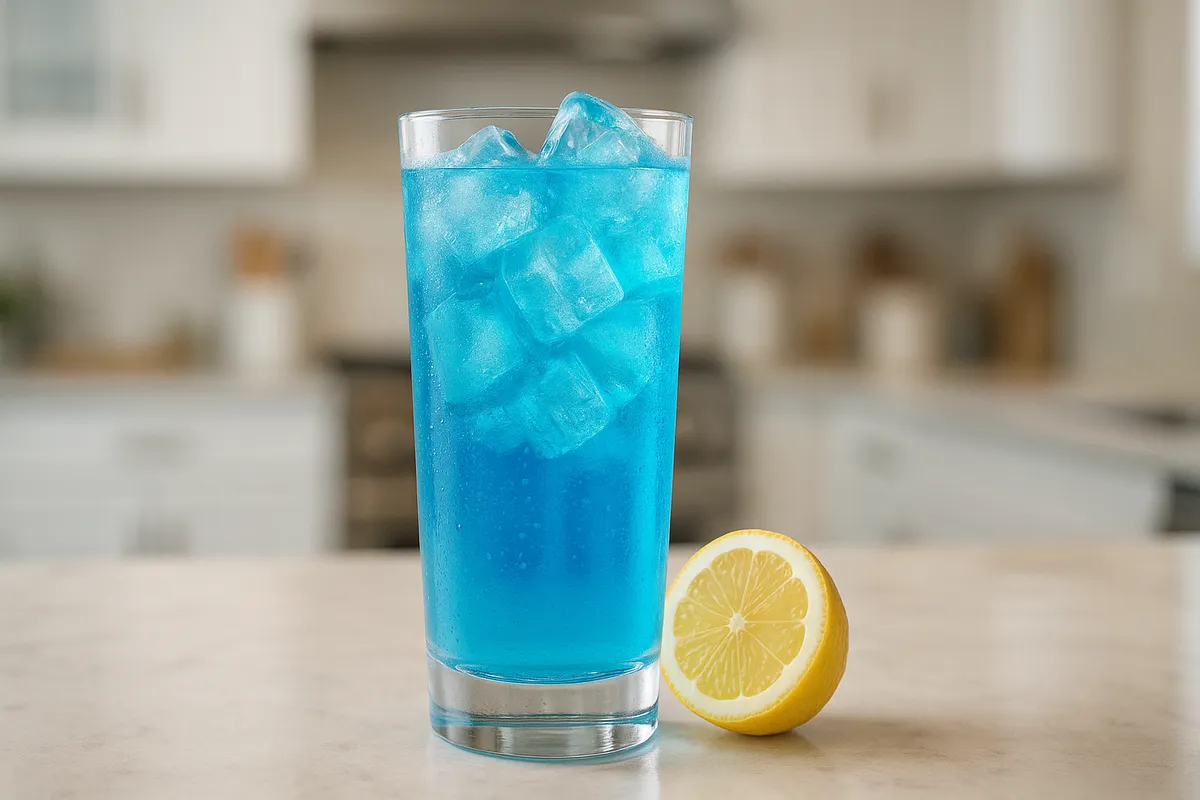 A tall Blue Lagoon with bright blue color and a lemon wheel.