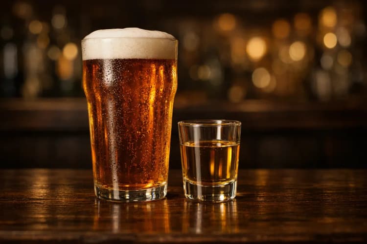 A Boilermaker with beer and whiskey shot together.