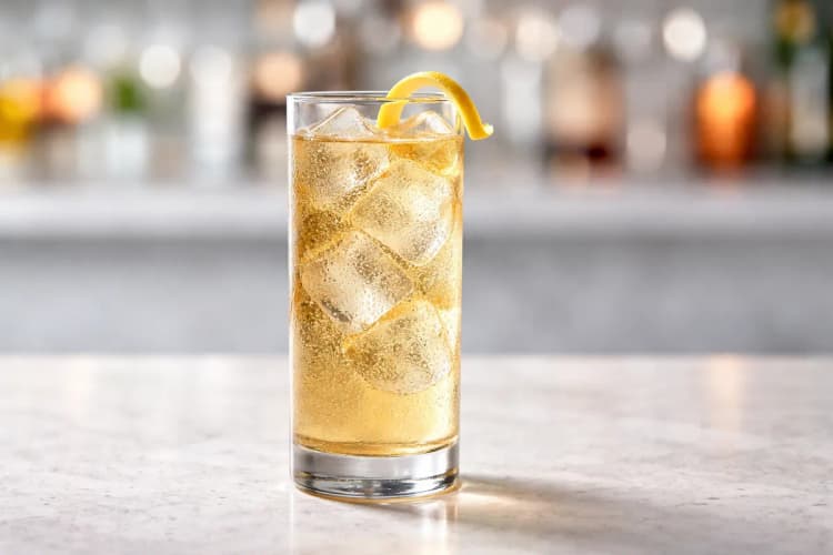 A Bourbon Highball in a tall glass with large clear ice and bubbles.