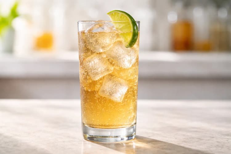 A Bourbon Rickey in a highball glass with lime wedge and rising bubbles.